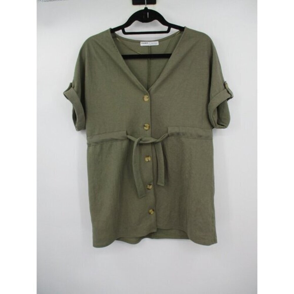 Pull & Bear Womens Dress XS Green Drawstring Short Sleeves Button Front Mini